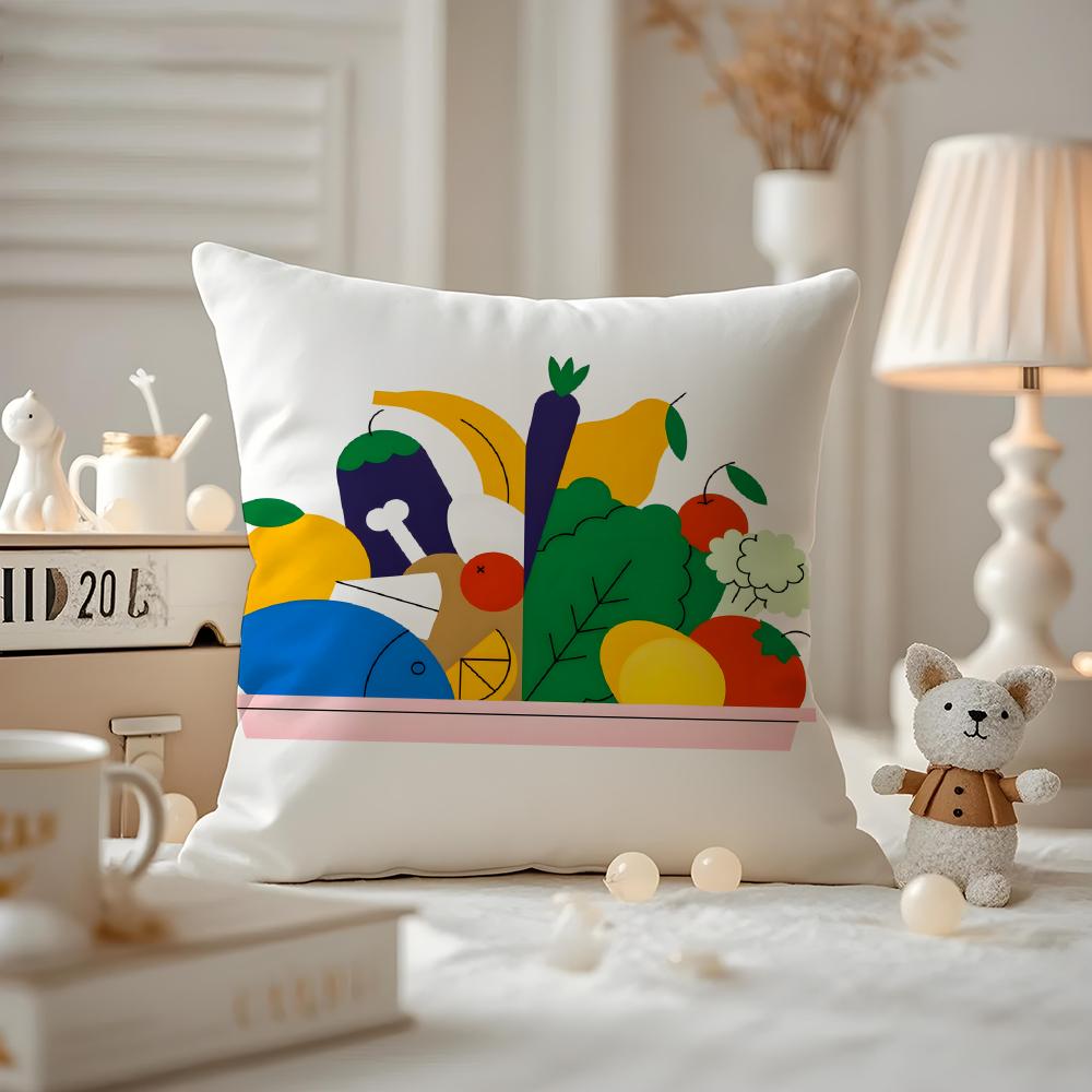 Food Illustration Cushion Cover Anti-dustmite Pillowcase Invisible Zipper Silky Short Plush Sofa Cushion Cover