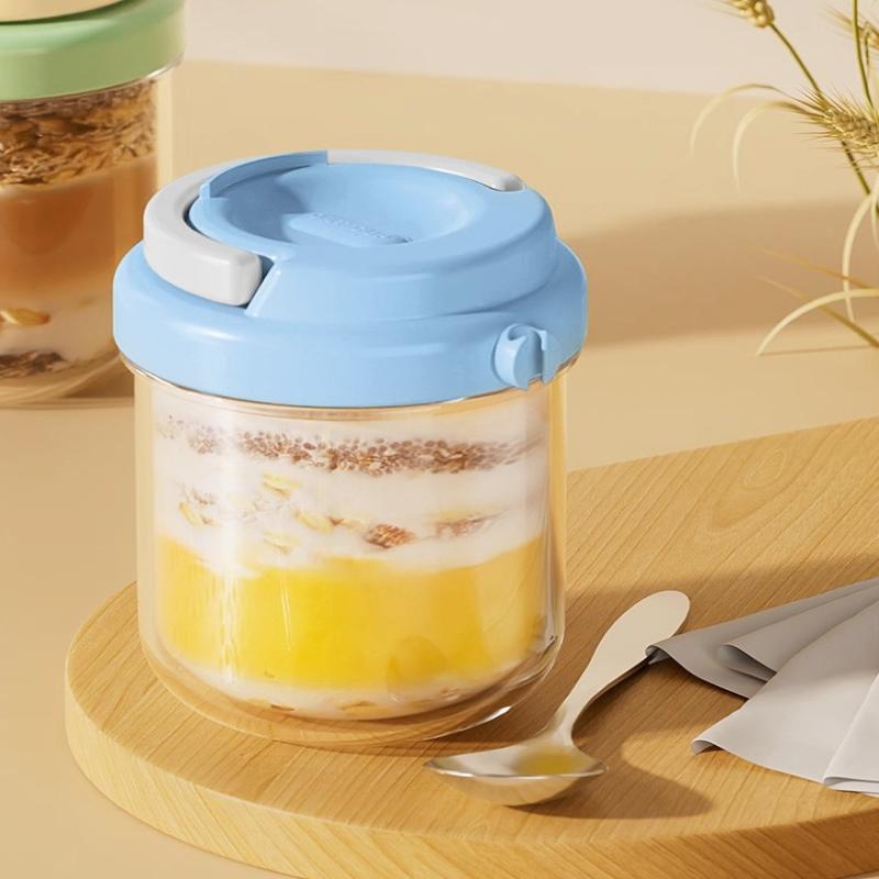Food Safe Thick Glass Overnight Oats Cup Leakproof Lid Stainless Steel Spoon Reusable for Breakfast Chia Pudding Camping Trips
