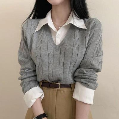 Korean-Style Knitwear: Women's Spliced Collar Two-Piece Pullover for Spring & Autumn 2025