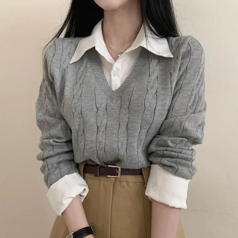 

Корейский стиль пэчворк вязаный свитер с рубашечным воротником - Женский приталенный осенний пуловер One Size серый