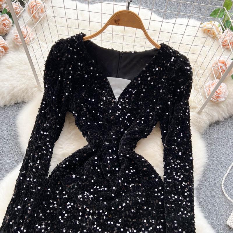 Winter Chic Sequin New One Piece Dress V-neck Long Sleeve Sexy Club Dresses Female Korean Fashion Vintage Evening Party Dress 2024