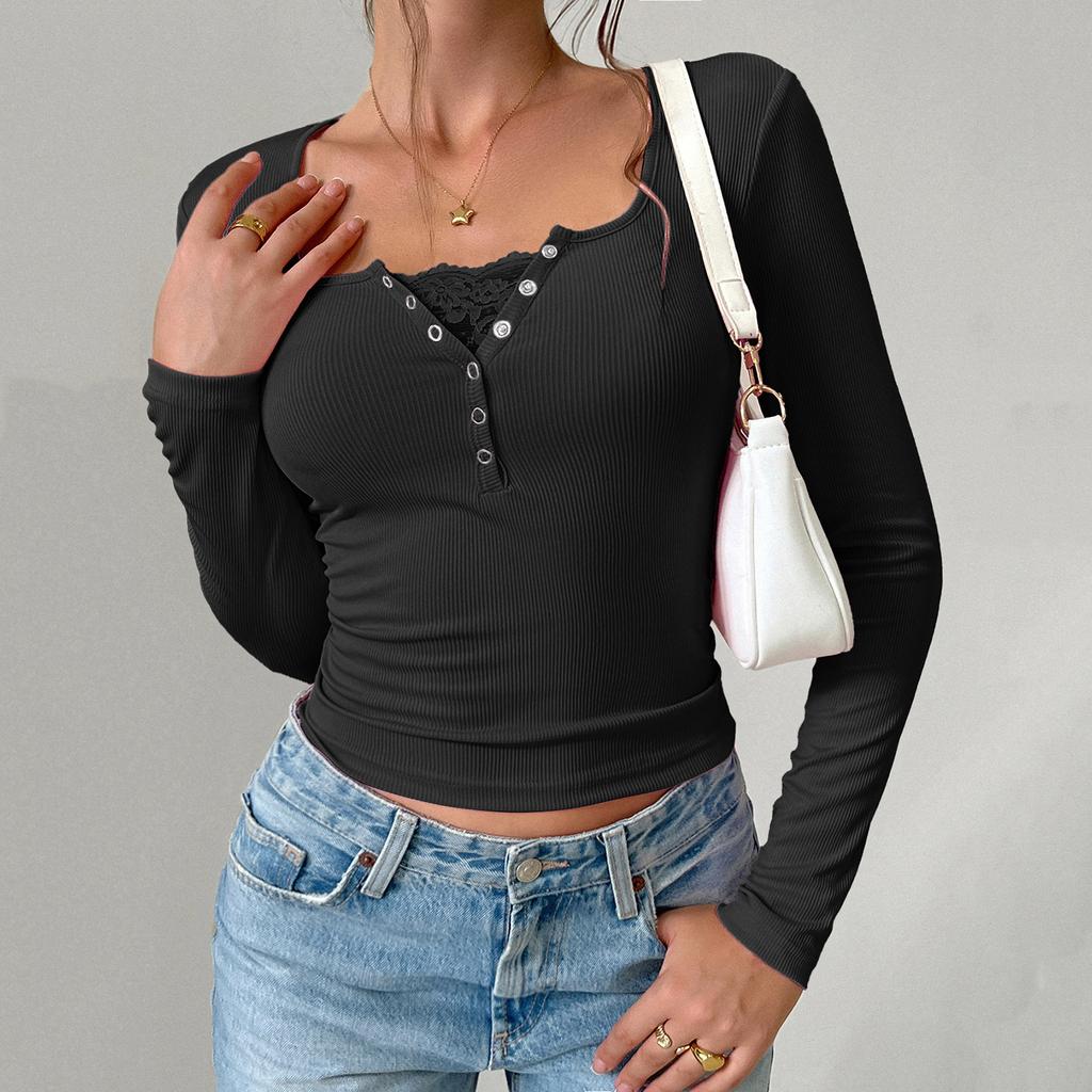Women's Casual V-neck Buttoned Sexy Slim Ribbed Knit Long-sleeve Top