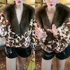 Temperament celebrity fur Maillard style leopard print long coat winter thickened warm cotton clothes imitation fox hair