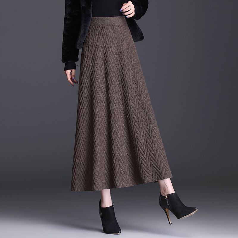 Herbst Winter Damen Verdickter Gestrickter A-Linien Midirock Hohe Taille Slim-Fit Plissierter Ausgestellter Rock