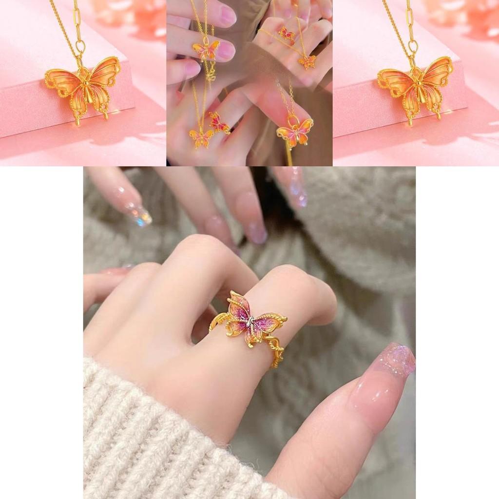 Exquisite Adjustable Butterfly Ring And Pendant Necklace Set In Gold Plated Brass