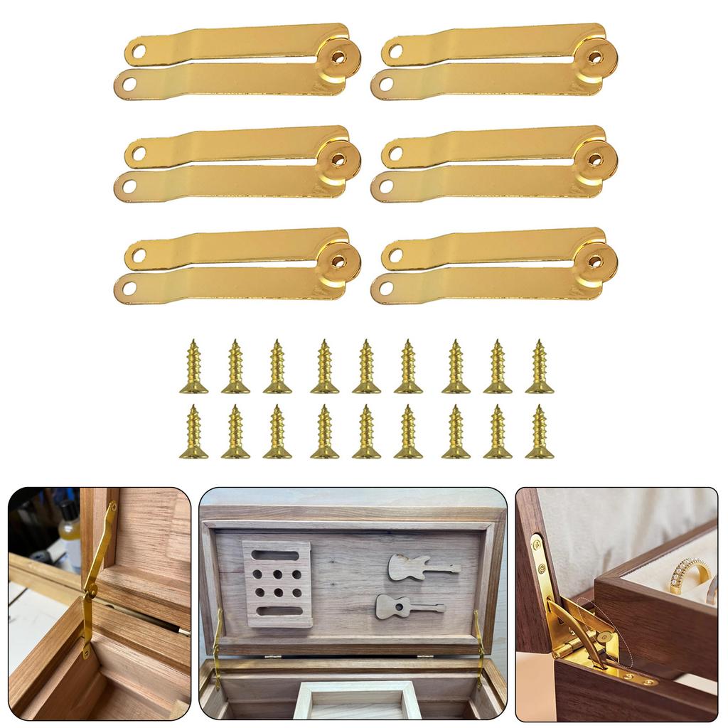 Set Of 6 Gold Metal Lid Support Hinges Elegant Gold Folding Hinges Suitable for Furniture Cabinet & Jewelry Box Decors