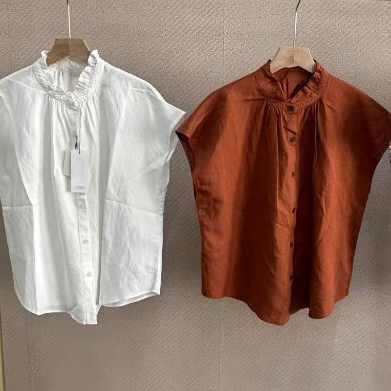 

Japanese Women s Linen Blend Ruffle Blouse, Short Sleeve - Summer Collection Small