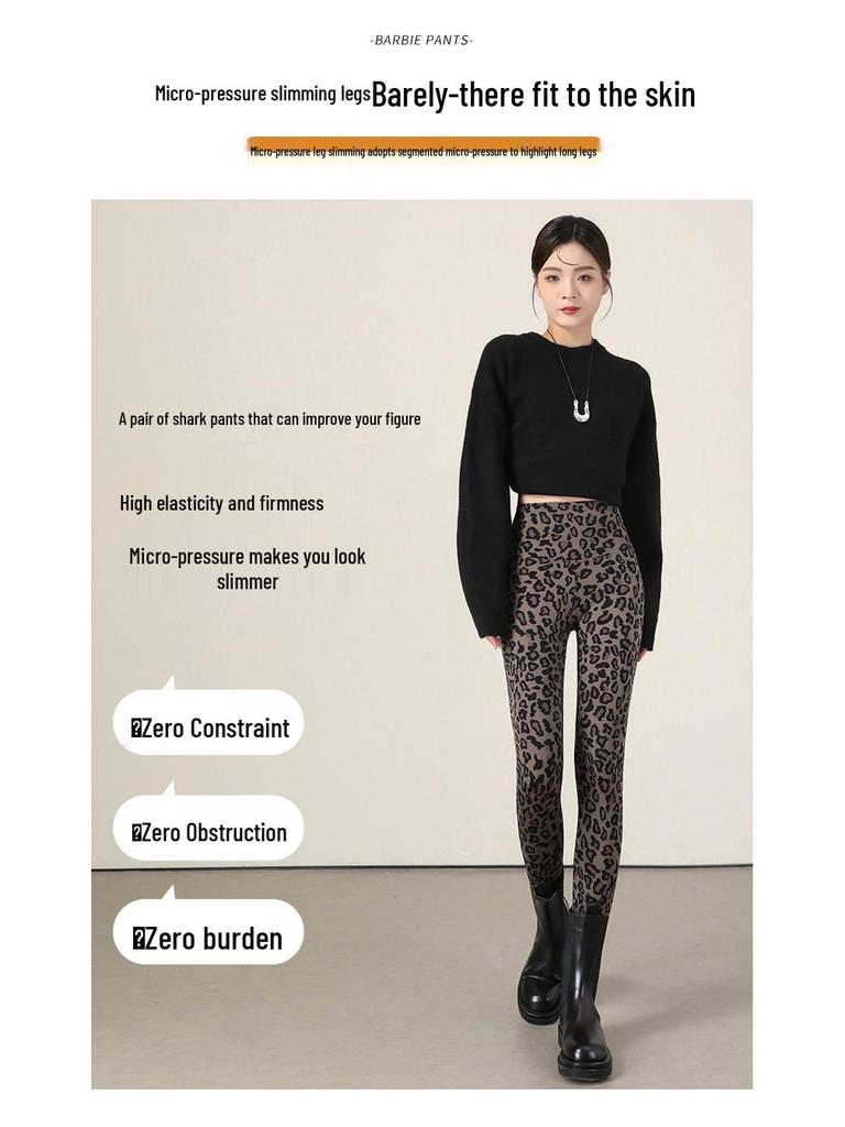 Leggings med hög midja och leopardmönster: Dambyxor för höst/vinter, smalnar av, kontrollerar magen, lyfter rumpan, med plus sammet, för yoga.