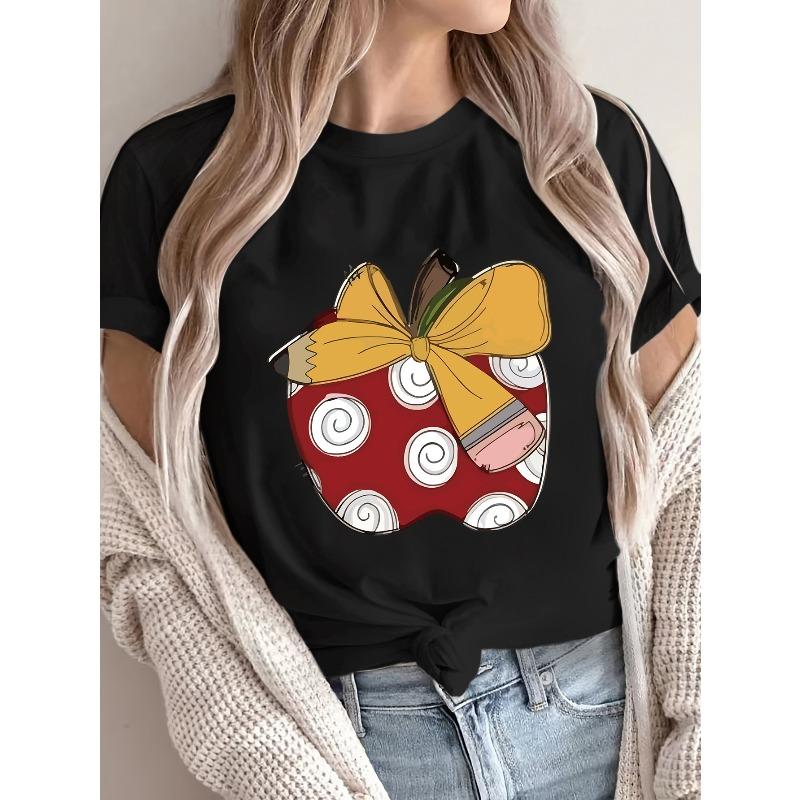 European size Day, Teachers' Day Short Sleeve T-Shirt, Apple, Bow Pencil Letter Printed Crew Neck T-Shirt, Casual Shoulder Short Sleeve Summer T-Shirt