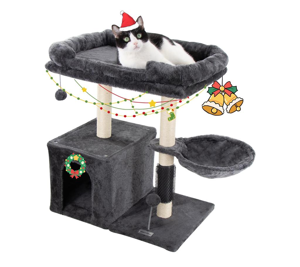 Hapineko Mini Kratzbaum Kompakter Katzenkratzbaum mit Kratzfläche 2 Aussichtsplattformen Versteck und Hängematte Höhe 72cm Rauchgrau - Klein, Niedrig, Selbstpflege,