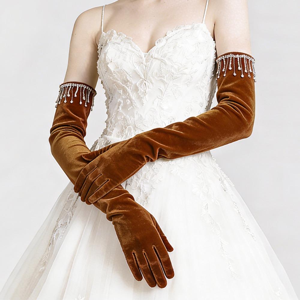 Solid Color Velvet Long Gloves Rhinestone Tassel Evening Dress Gloves  Dress-Up  Accessories