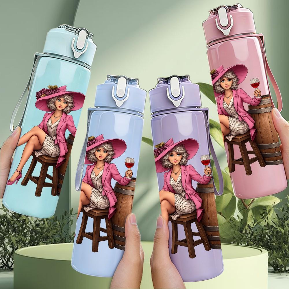 1PC Cowgirl Barrel Vintage Print 750ml Color Plastic Sports Water Bottle Leakproof Flip Straw Lid Suitable for Sports Office Home Use
