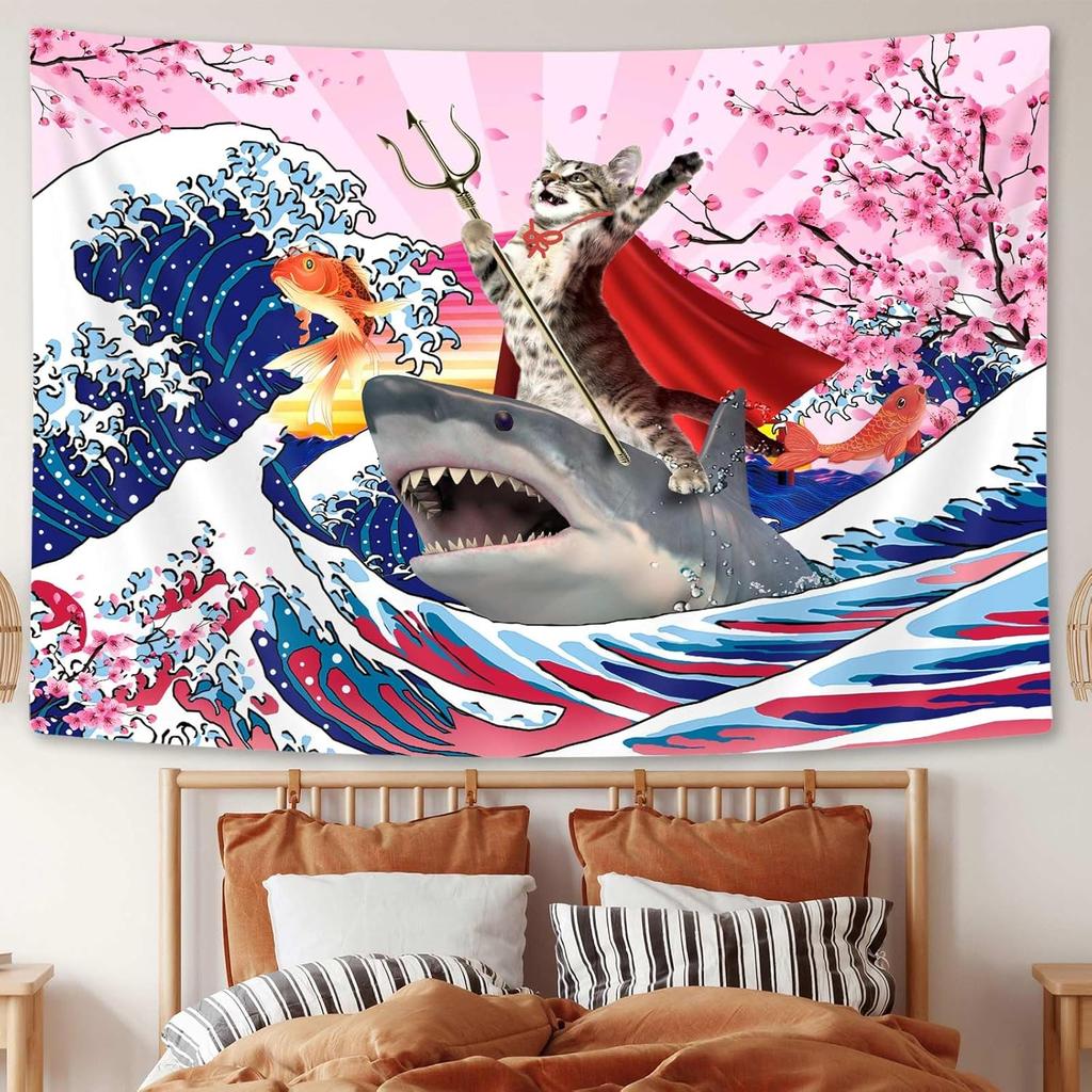 Funny Tapestry for Boys Blacklight Cat Tapestry Cat Riding Shark Tapestries Blue Ocean Wall Tapestries UV Reactive Wall Decor