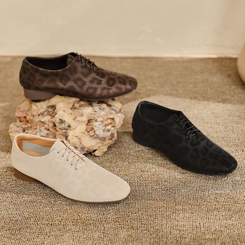New Women'S Genuine Leather Shoes Pointed Toe Lace-Up Loafers Women Plus Size Leopard Print Formal Oxford Shoes Female