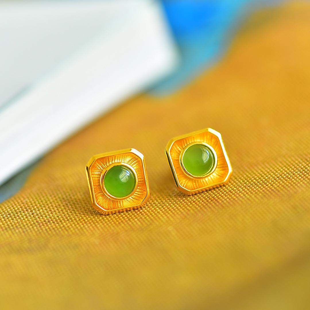 

Серьги-пусеты из серебра 925 пробы с позолотой, с квадратным нефритом Хэтянь и полукругом из яшмы для женщин. 925 Silver