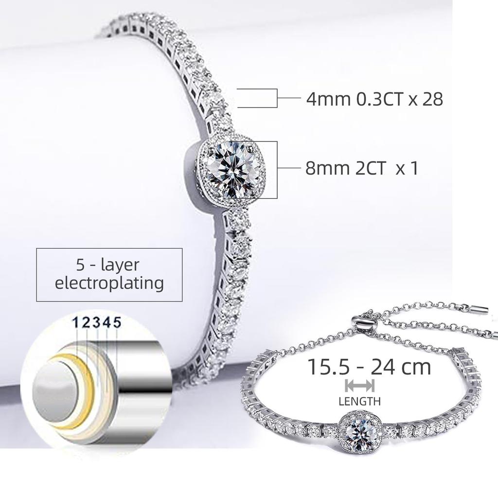 Moissanite Tennis Bracelet with 2CT 8mm Lab Grown Moissanite Diamonds, Rhodium Plated, Adjustable Silver Color White Gold Bracelet, Fashionable Jewelr