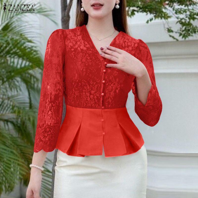 ZANZEA Damen Casual V-Ausschnitt 3/4-Ärmel Spitzen-Patchwork Slim Bluse