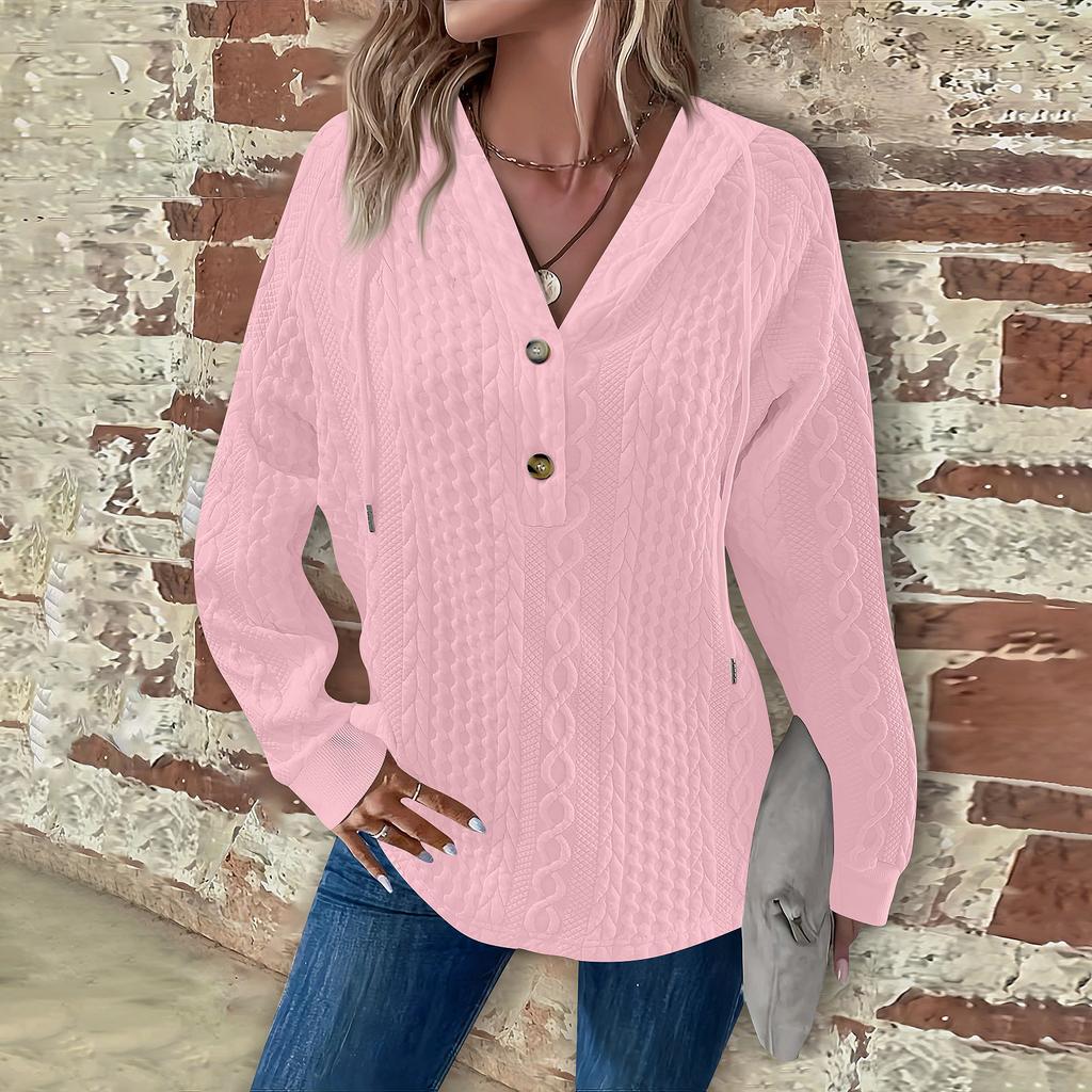 Women's Fashion Long Sleeve Drawstring Hooded Button V-Neck Casual Hooded Sweatshirt Top