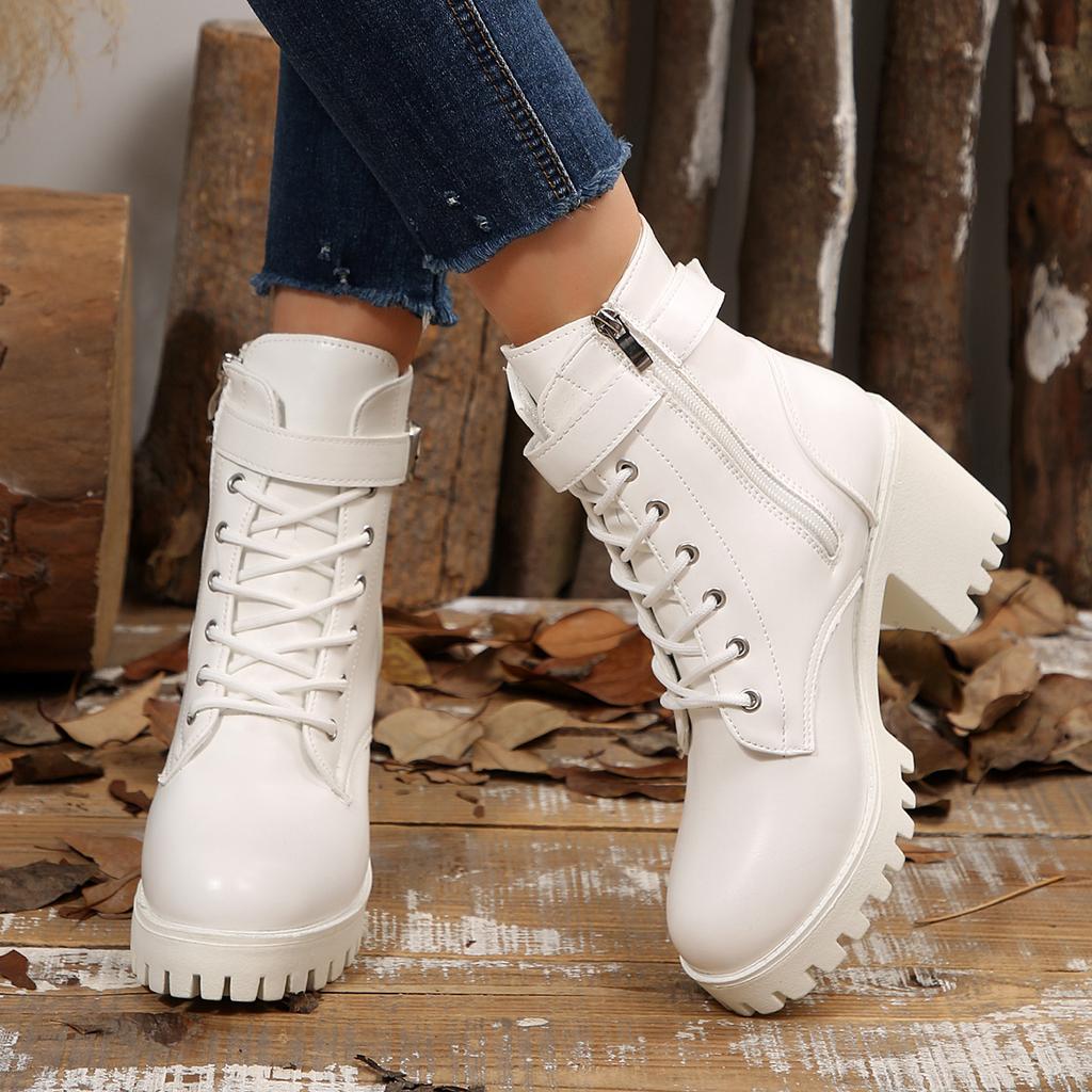 Fashionable Comfortable New Wear-resistant and Non Slip Women's Boots Winter Round Toe Lace Up Zipper Casual Mid-tube Boots