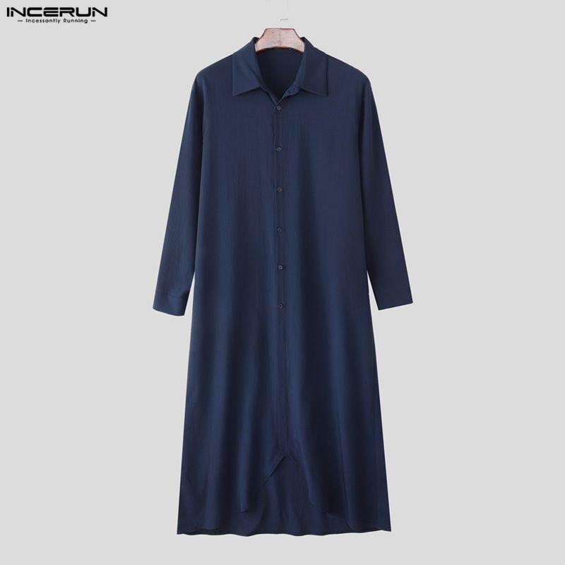 INCERUN Bărbați Guler Revers Mânecă Lungă Nasturi Tiv Neregulat Fante Înalte Cămăși Lungi Tunică