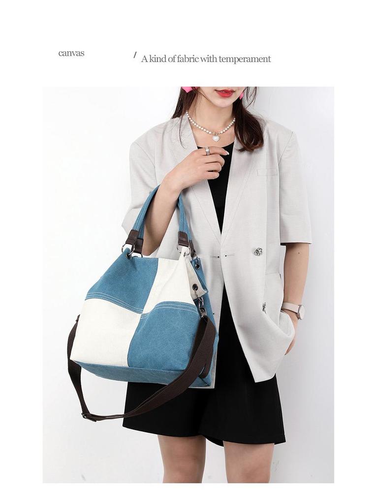 Trendy Women's Patchwork Canvas Tote and Crossbody Bag - Fashionable, Versatile, Color Block Design 2025.
