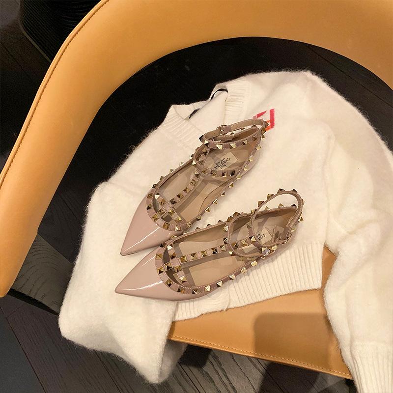 Sheepskin version~ Leather pointed tip shallow mouth strap rivet Mary Jane shoes women's flat all-match single shoes