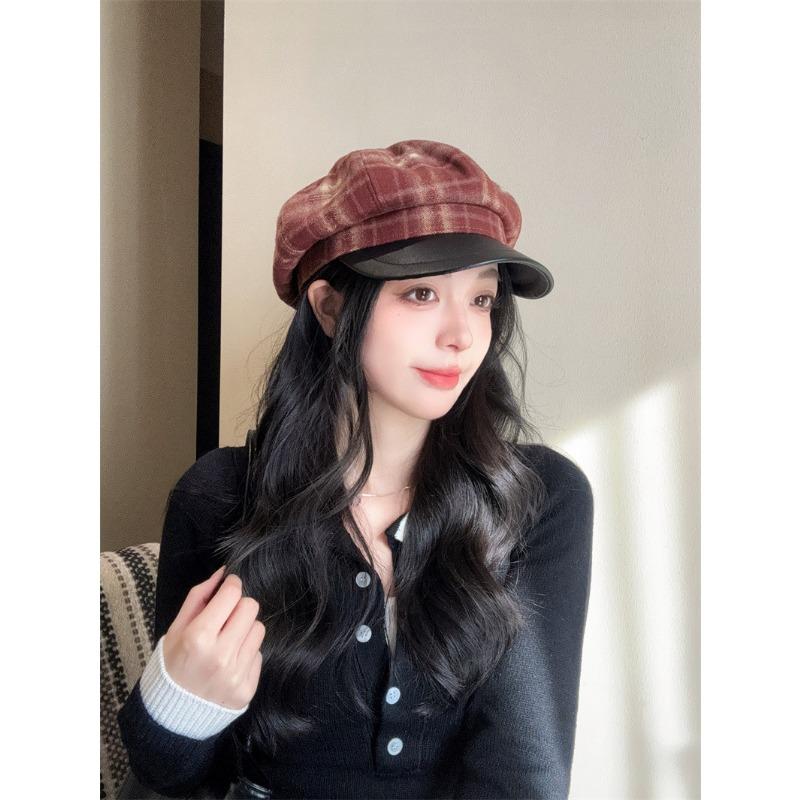 Women S Plaid Octagonal Hat Large Head Circumference Vintage Style Autumn Winter Cap