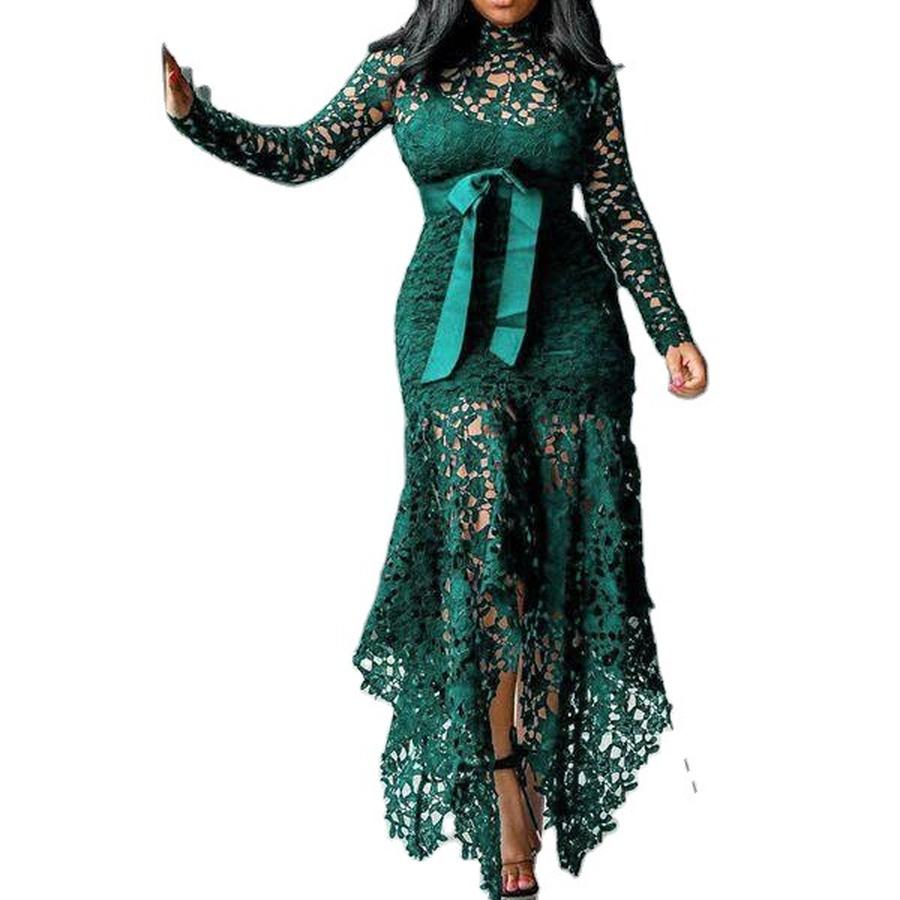 New Women's Outwear Dress Wish Lace Hollow Long Sleeve Stand Collar Tie Waist 5 Colors Irregular Dress