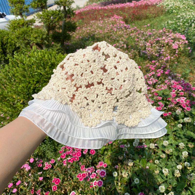 Fashion Woman Lace Knit Hollow Bucket Hats Crochet Thread   Flower Cute Girls' Sweet Romance Sunshade Knitted Breathable Hats