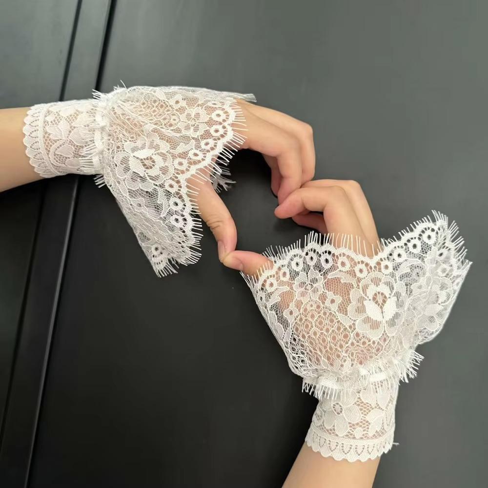 

1 Pair Lace Ruffles Fake Cuffs Multi Layer Pleated Flare False Gloves Floral Pattern White Black Elbow Sleeve Cuff белый