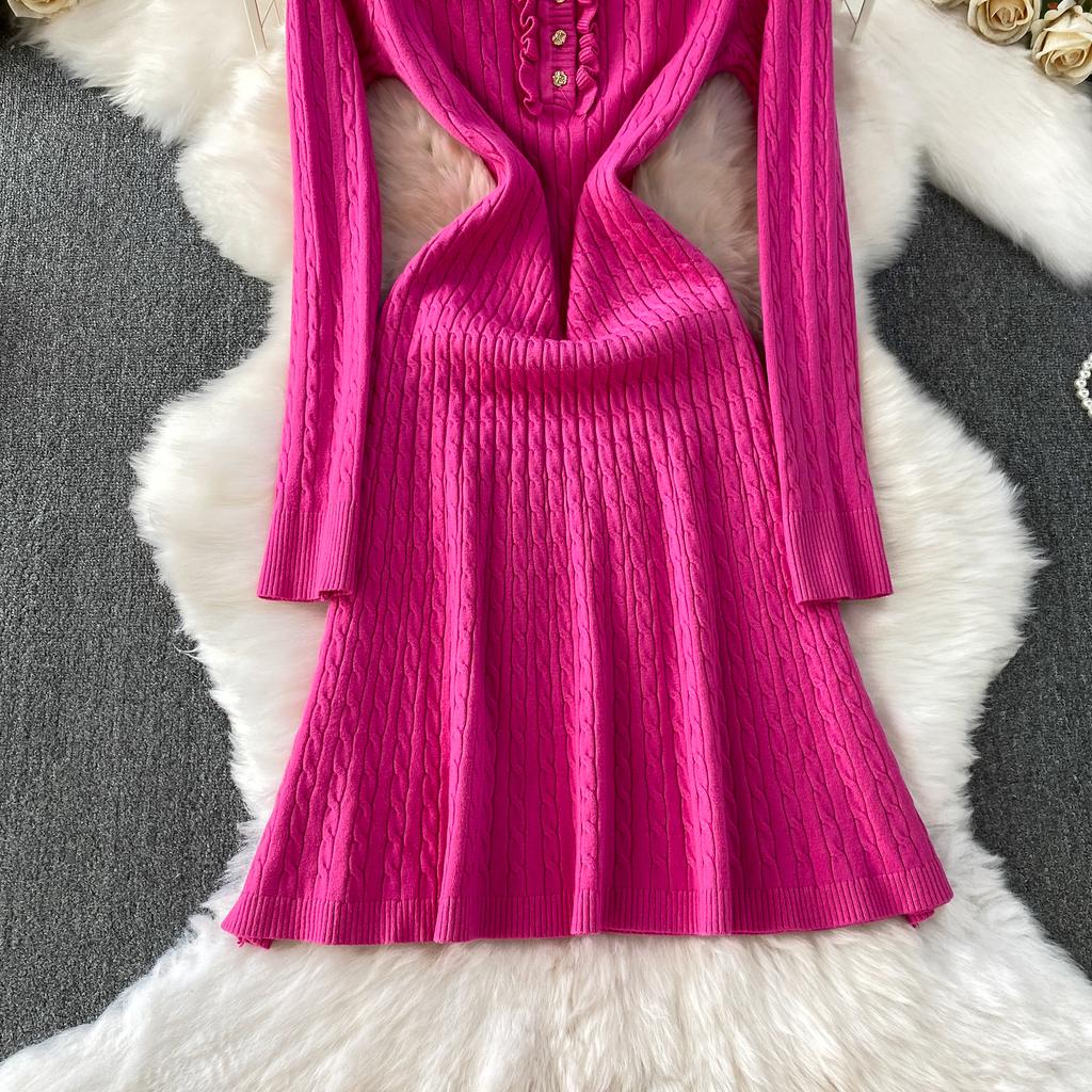 Autumn Winter High Waist Polo Knitted Umbrella Dresses  New Long Sleeve Casual Loose Sweater A-line Dresses Female