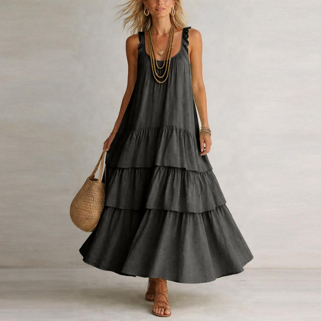 Dames mouwloos U-hals ruche zoom gelaagd maxi jurk katoen linnen losse pasvorm zomer casual zonnejurk
