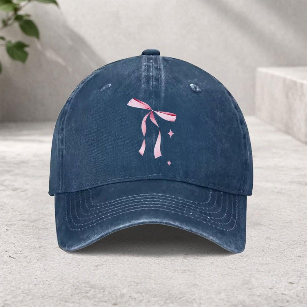 Pink Bow Baseball Cap Washed Cotton Trendy Retro Adjustable Street Hip Hop Cap