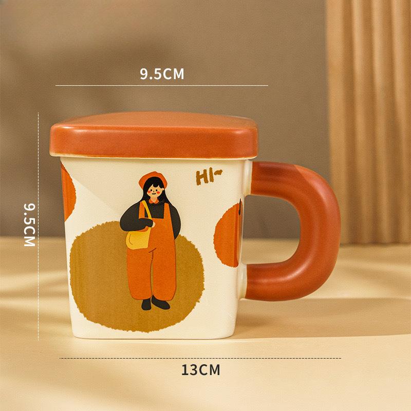 Cream Glue Square Couple Cup Ceramic Pair Mug with Lid Gift Cute Retro Boy and Girl