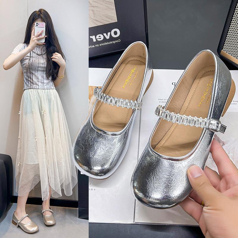 Silver 2025 autumn with skirt French rhinestone summer new Mary Jane shoes women's evening small leather shoes flat single shoes