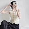 French Retro Solid Color V-Neck Single-Breasted Sleeveless Slim Knitted Vest For Women
