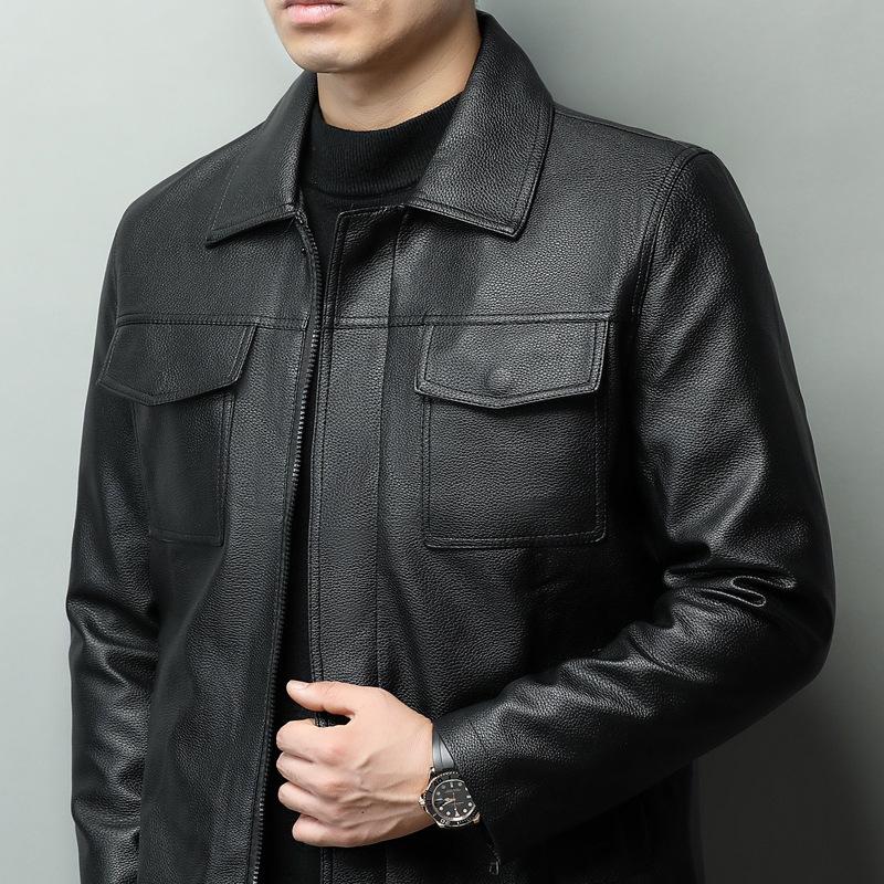 Lightweight Spring Autumn Cowhide Jacket with Leather Patternmulti-pocket Leather Jacket Fashionable Jacket for Middle Aged Men