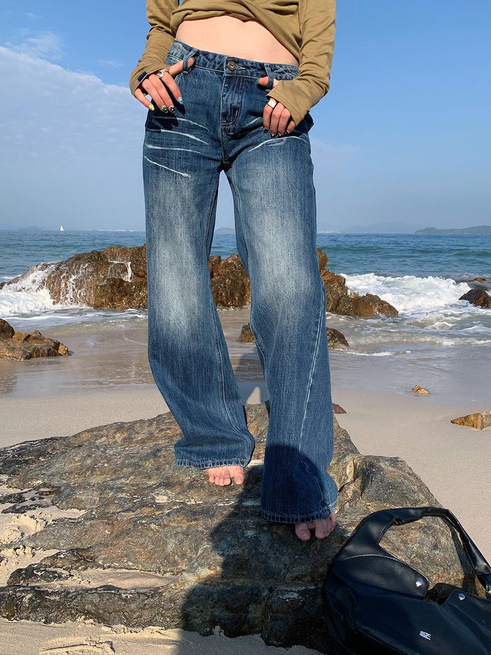 

[9hour] Women s Retro Textured Jeans - Spring 2025 Straight Casual Pants XL (within 130 jin) синий