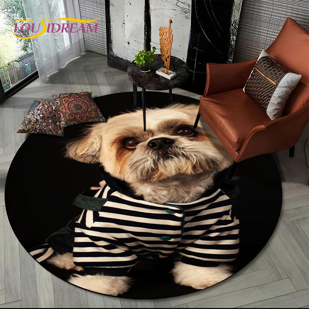 Cute Dog Samoye,Chihuahua,Koki Pomeranian Cartoon Round Carpet Rug for Living Room Bedroom Decor,kids Pet Area Rug Non-slip Mat