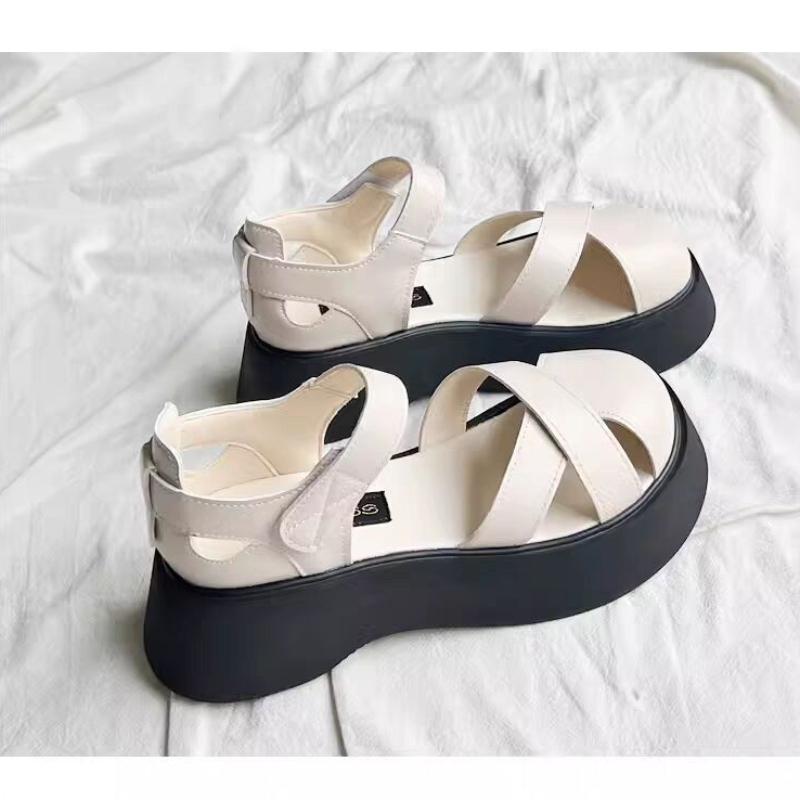 Fashion Summer Women Shoes Black Flat Leather Fashion Sandals Lace up Thick Soled Ankle Strap Sandals For Women Pinch Toe Flip Flops