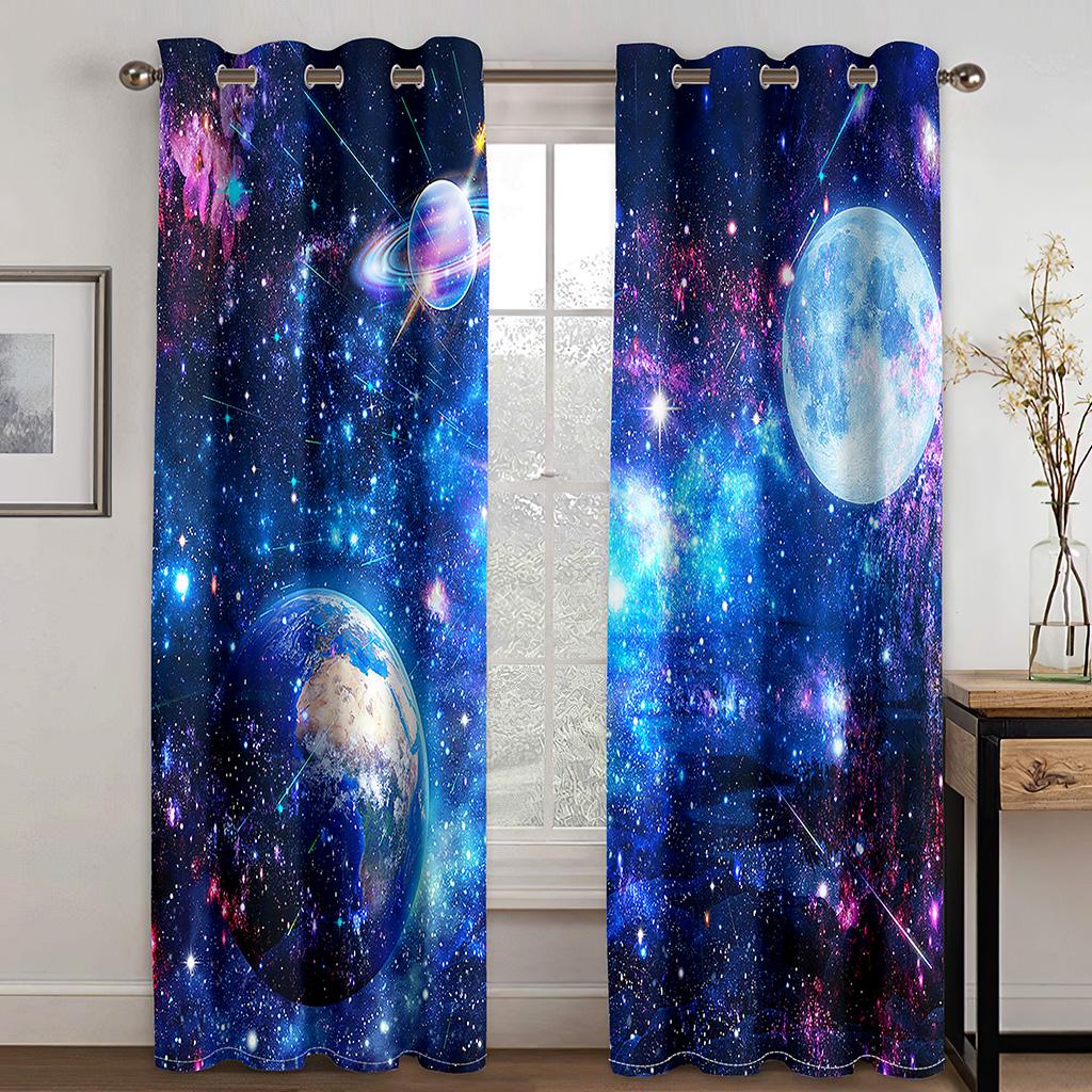 2 Panel Galaxy Universe Star Printed Curtain for Bedroom Semi-blackout Curtain Grommet Top Blinds Window Cortinas Free Shipping