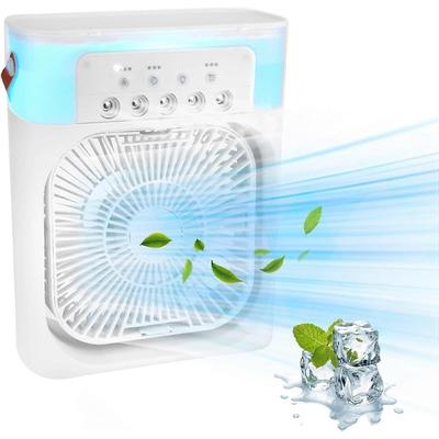 Ventilatore Portatile Raffrescatore d'Aria con Ghiaccio e Acqua per Ventola Blocco Ghiaccio, Ventilatore Raffrescamento Evaporativo Mini 3 in 1 Nebulizzatore con LED, Timer, 3 Velocità del Vento, 3 Modalità di Nebulizzazione