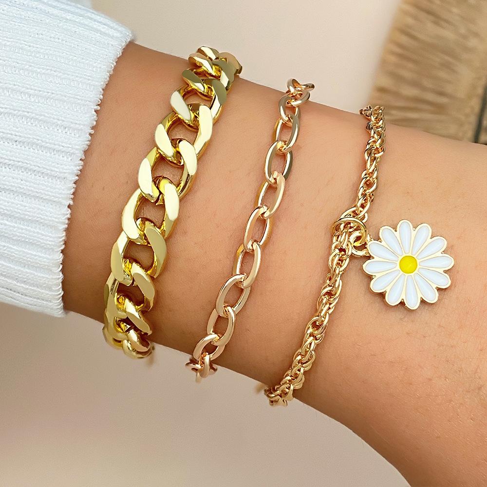 Charm Simple Daisy Pendant 3pcs/set Stackable Bracelet A Gift For Holidays For Daily Wear Chain Design Suitable Women's Classic