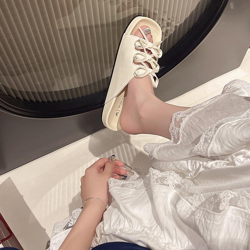 Fashion Design Sense Cutout Bow Flip Slippers Women's New Retro Square Toe Open Toe Casual Soft Sole Non-slip Sandal Shoes