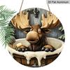2D Flat, 1pc Round "Charming Moose Bathroom Theme" Aluminum Wall Sign, Funny Moose Bath Time Vintage Lodge Design, Durable Weatherproof Decor