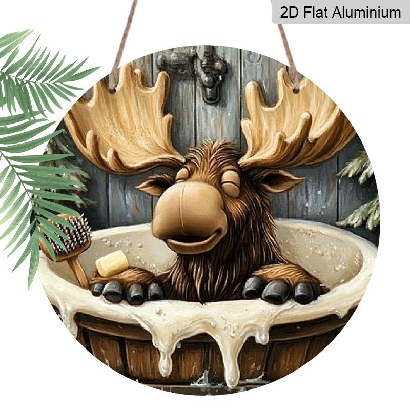 

2D Flat, 1pc Round Charming Moose Bathroom Theme Aluminum Wall Sign, Funny Moose Bath Time Vintage Lodge Design, Durable Weatherproof Decor 7.87×7.87inch