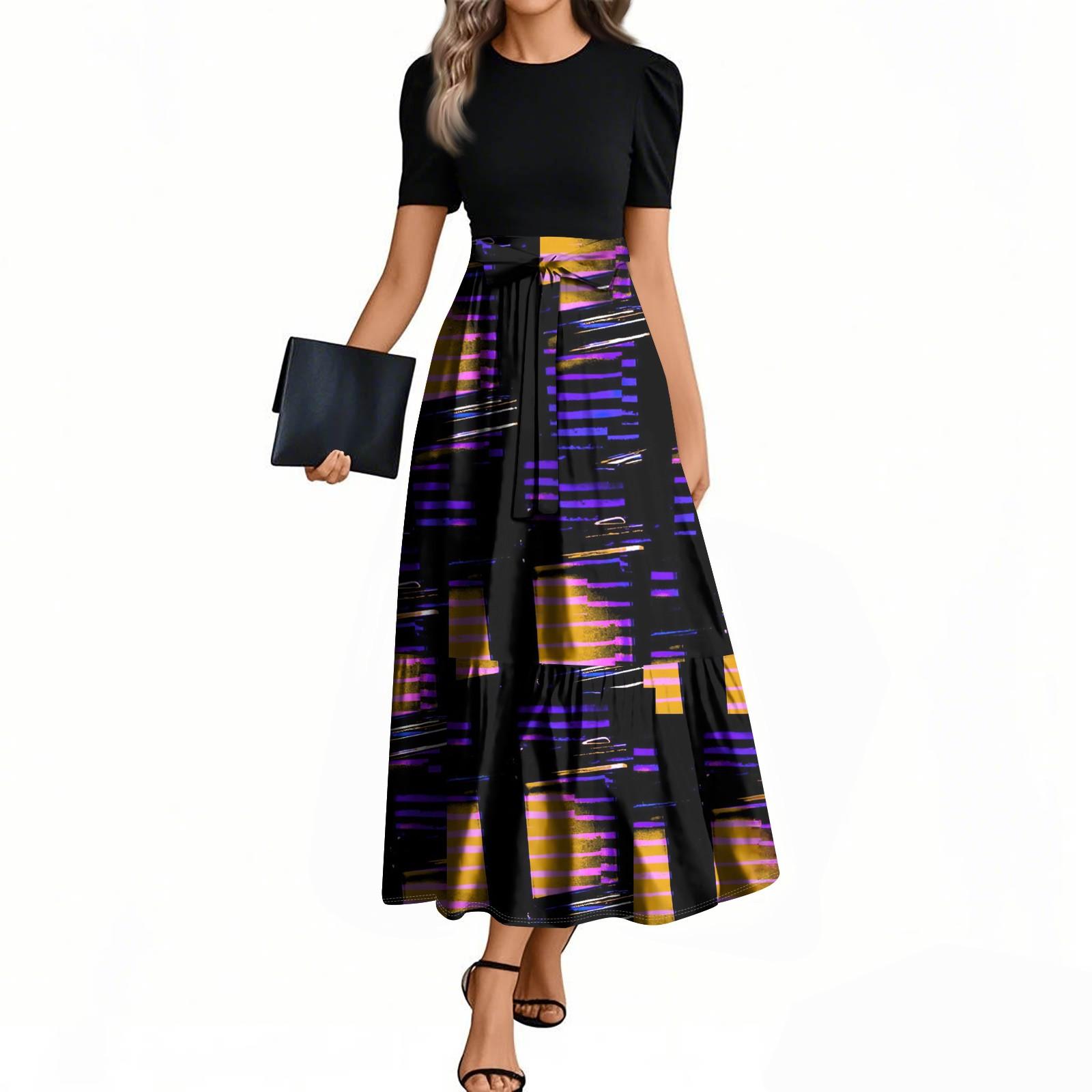 

Женские модные повседневные платья с поясом, коротким рукавом, круглым вырезом, геометрическим узором, элегантные платья с темпераментом M