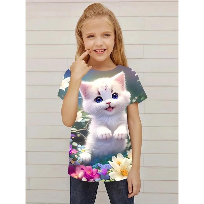 Summer Round Neck 3D Cat Pattern Printed Top Fashionable and Casual Short Sleeved Children's Girl T-shirts