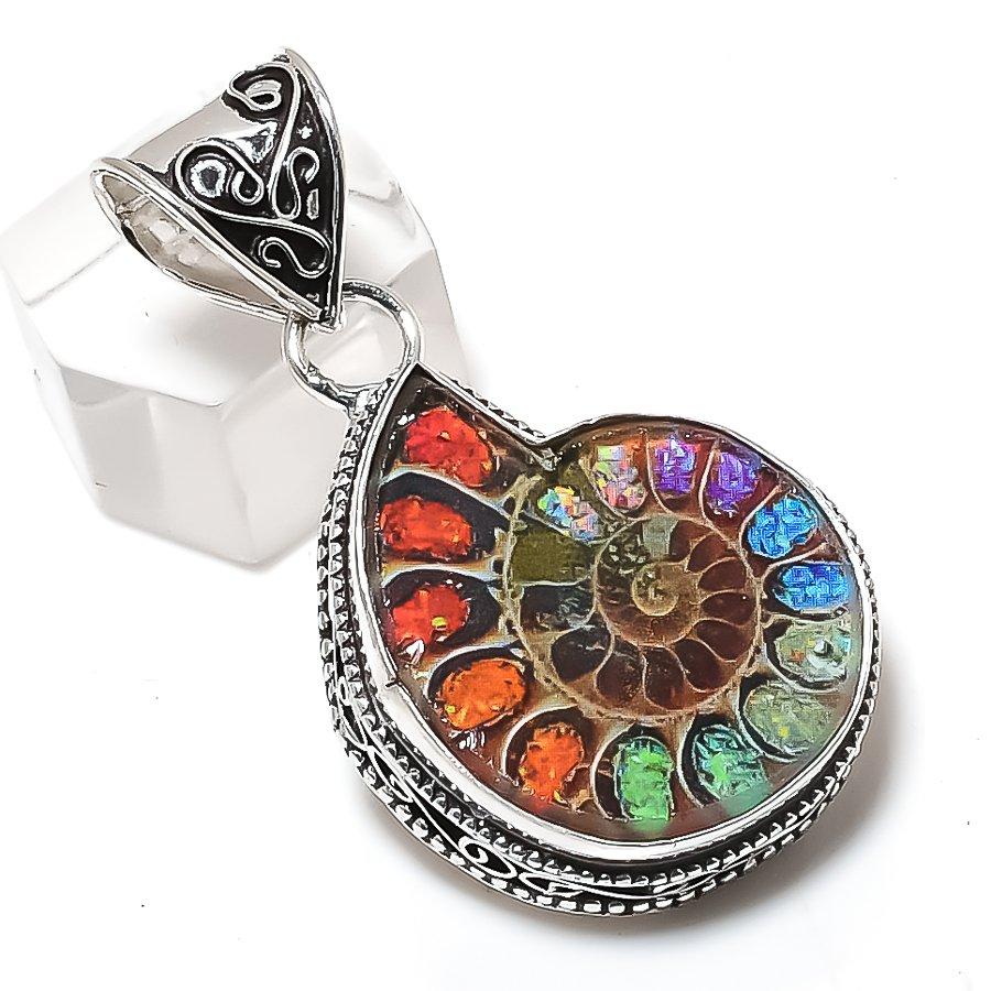 Ammonite Fossil Gemstone Handmade 925 Sterling Silver Jewelry Pendant 1.81" g0b82