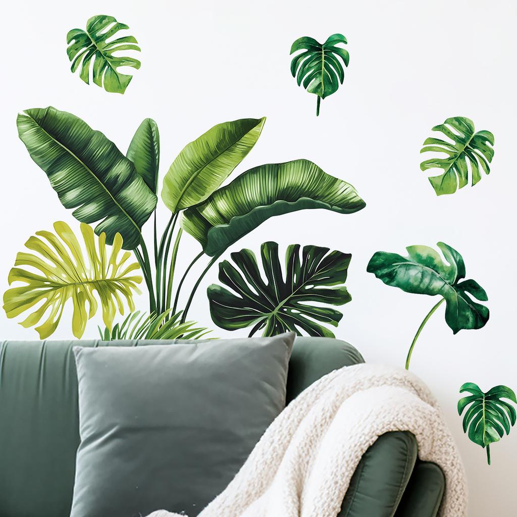 Tropical Green Plant Leaf Butterfly Wall Sticker Self-Adhesive Home Decor for Living Room Bedroom Entrance Decoration